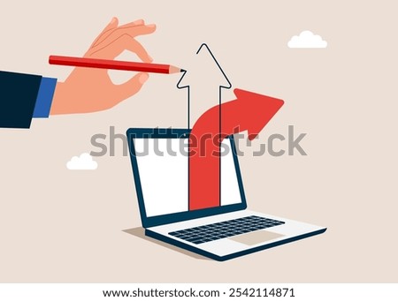 Big hand draw new arrow of up on screen laptop. Decision to change to better opportunity. Modern flat vector illustration
