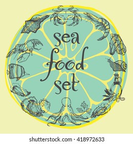 Big hand draw sea food set: crab, lobster, shell, fish, steak, octopus, oysters, olive oil, shrimp, snail vector graphic illustration text template