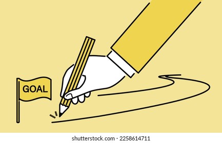 A big hand drawing a roadmap to the goal, business concept illustration, white background, vector