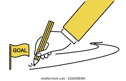 A big hand drawing a roadmap to the goal, business concept illustration, white background, vector