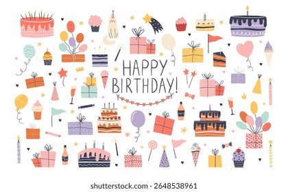 Big hand drawn birthday set with cakes, gifts, balloons, cupcakes, candles, ice cream, and festive elements. Cute and whimsical illustration for greeting cards, party decor, invitations