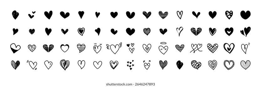 Big hand drawn black hearts set. Vector illustration.