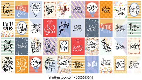 Gran juego de tarjetas caligráficas dibujadas a mano. Ilustración vectorial. Colección de folletos, folletos, plantillas. Diseño de tarjetas escandinavas con letras, patrones y ornamentos.