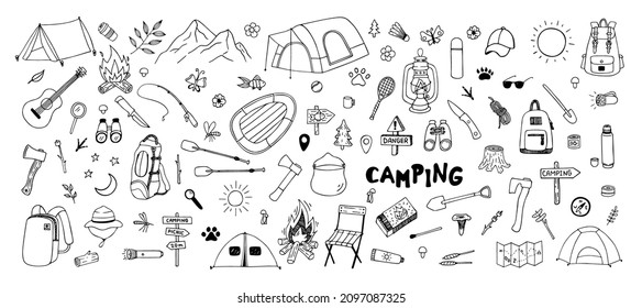 Big hand drawn camping set. Vector doodle cliparts. Travel design.