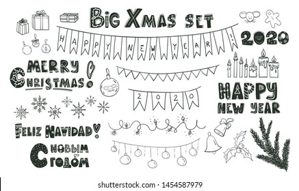 Big hand drawn Christmas design elements set. Greeting Merry Christmas, Feliz Navidad, Happy New Year 2020 on russian and english and traditional elements. Vector flat illustration in doodle style.