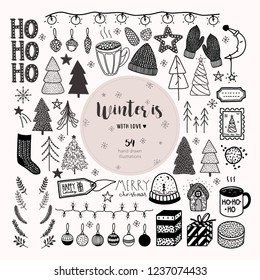Big hand drawn Christmas and New Year vector set. Cozy winter. Decoration elements for Christmas days.