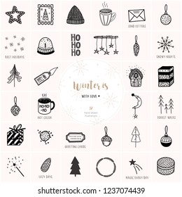 Big hand drawn Christmas and New Year vector set. Cozy winter. Decoration elements for Christmas days.