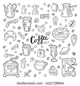 Big hand drawn coffee set. Lettering and objects in doodle style. Black outline isolated on a white background. Cute elements for card, social media banner, sticker, menu, design. Vector illustration.