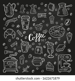 Big hand drawn coffee set. Lettering and objects in doodle style. White outline isolated on a black background. Cute elements for card, social media banner, sticker, menu, design. Vector illustration.
