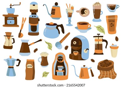 Big hand drawn coffee set. White background, isolate. Vector illustration.