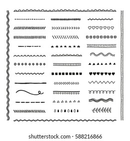 Big Hand Drawn Collection Of Different Pattern Brushes Isolated On White Background. Can Be Used As Line Borders And Dividers.