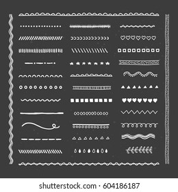Big hand drawn collection of different pattern brushes isolated on the blackboard. Can be used as line borders and dividers.