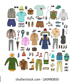 Big hand drawn collection of trendy clothes and accessories for man. Look Book. Isolated. 