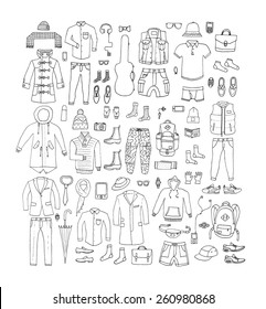 Big hand drawn collection of trendy clothes and accessories for man. Look Book. Isolated. 