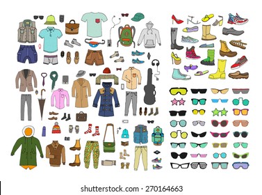 Big hand drawn collection of trendy clothes, shoes and accessories. Look Book. Isolated. 