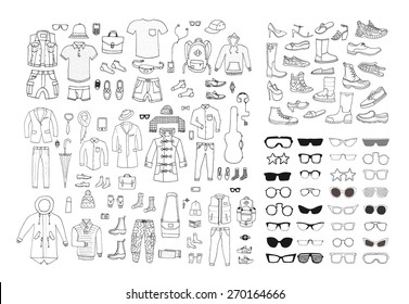 Big hand drawn collection of trendy clothes, shoes and accessories. Look Book. Isolated. 