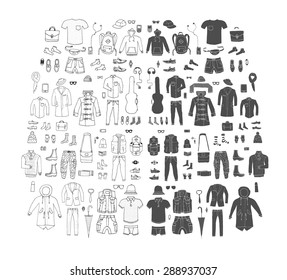 Big hand drawn collection of trendy clothes and accessories for man. Look Book. Isolated.