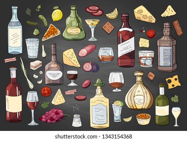 Big hand drawn different alcohol bottles and drinks on black background. Vector alchol drinks collection