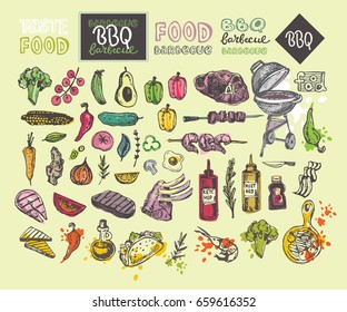 Big Hand drawn doodle barbecue set. BBQ food