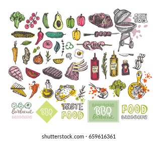 Big Hand drawn doodle barbecue set. BBQ food