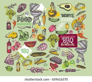 Big Hand drawn doodle barbecue set. BBQ food