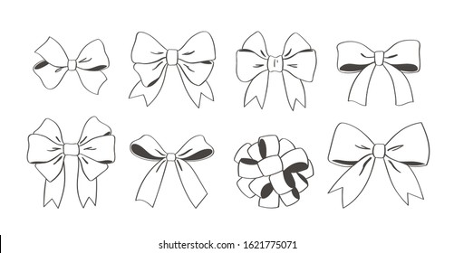 Big hand drawn doodle decorative bows and ribbons isolated on white background. Black outline set for hair decoration, celebration party items, gift packaging, present cards and luxury wrap pack