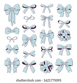 Big hand drawn doodle decorative bows and ribbons isolated on white background. Black outline set for hair decoration, celebration party items, gift packaging, present cards and luxury wrap pack