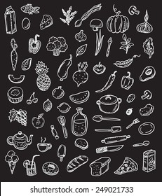 Big hand drawn doodle kitchen and food set on a black chalkboard