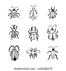 Big hand drawn doodle set with insects.