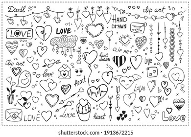 Big hand drawn doodles set for Valentine's Day. Beautiful set of hearts and inscriptions Love isolated on white.
Design elements about love for stickers, decals, logos, prints. Vector illustration