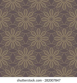 Big hand drawn flowers, lace seamless vector pattern, invitation print, vintage repeating background, of gold brown colors