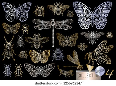 Big hand drawn golden line set of insects bugs, beetles, honey bees, butterfly; moth, bumblebee, wasp, dragonfly, grasshopper. Silhouette vintage gold silver sketch style vector illustration.