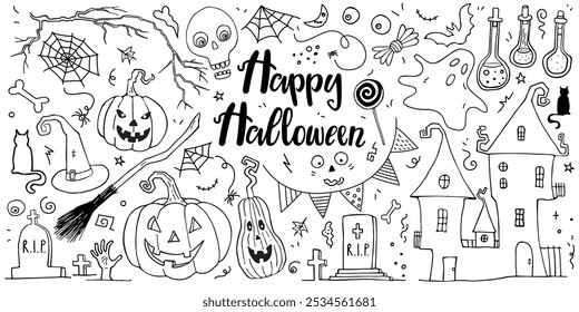 Big hand drawn Halloween set in doodle style with handwritten lettering. Pumpkins, haunted house, ghosts, tombstones, broomstick, witch's hat, black cat, candies, spiderweb. Spooky vector design.