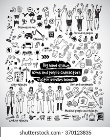 Big hand drawn icons and people doodles bundle. Black and white vector illustration. EPS8