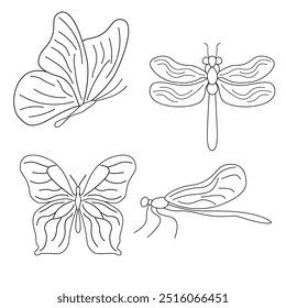 Gran juego de líneas dibujadas a mano de insectos, mariposa libélula. Ilustración grabada de estilo de boceto vintage de silueta.