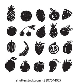 Big hand drawn set of black doodle fruits. 