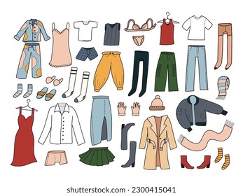 Big hand drawn set with casual clothes in line doodle style, isolated vector illustration