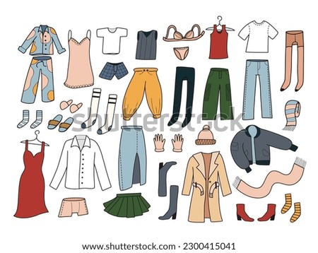 Big hand drawn set with casual clothes in line doodle style, isolated vector illustration