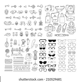 Big hand drawn set with different objects. Set of vintage locks and keys. Bags. Vintage sewing accessories. Set of sunglasses and glasses. Doodles. Isolated  on a white background.