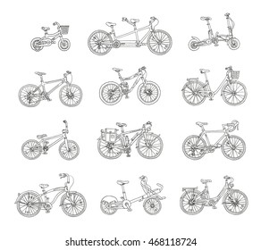 Big hand drawn set of different bicycles. 