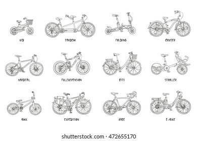 Big hand drawn set of different bicycles. 