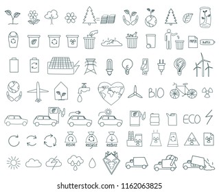Big hand drawn set of environmental pollution problem. 