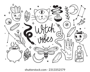 Big hand drawn set in line doodle design with modern witch occult objects and accessories, isolated vector illustration on white background