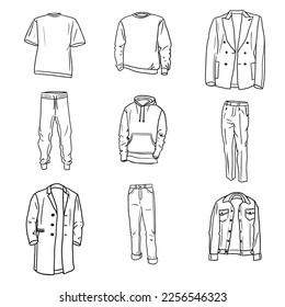 Big hand drawn set of men s everyday clothes sketches. Hoodie, jeans, joggers, trousers, shirt, sweatshirt, topcoat, jacket and jeans jacket. Vector isolated outline  collection on white background