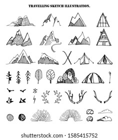 Big hand drawn set of sketch mountains,tents,trees,clouds.,birds,sun shine,sky,floral branches.Vector illustration of different travel elements, isolated on the white background .Engraving style.