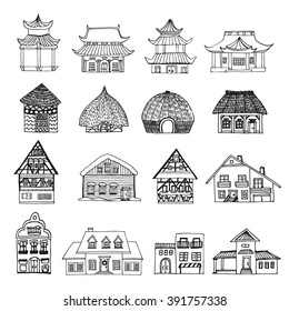 Big hand drawn set of sketch of 16 houses from different countries: chinese pagoda building, africa hut houses, german typical houses, dutch, mexican house, winter house with snow Vector stock