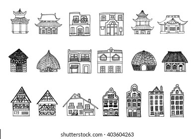 Big hand drawn set of sketch of 19 houses from different countries: chinese pagoda building, africa hut houses, german typical houses, dutch, mexican house, winter house with snow Vector stock