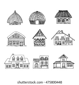 Big hand drawn set of sketch of 9 houses from different countries: mexican building, africa hut houses, german typical houses, dutch, spanish villa, winter country house with snow Vector stock