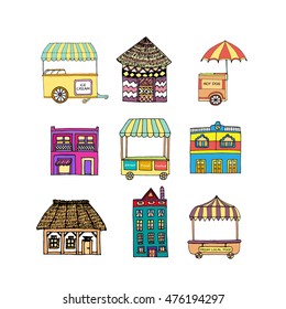 Big hand drawn set of sketch of 9 houses from different countries Vector stock illustration