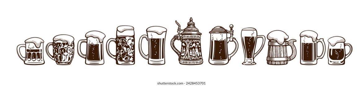 Big hand drawn set of various beer mugs. Vintage beer glassware collection. Monochrome vector illustration Isolated on white background.